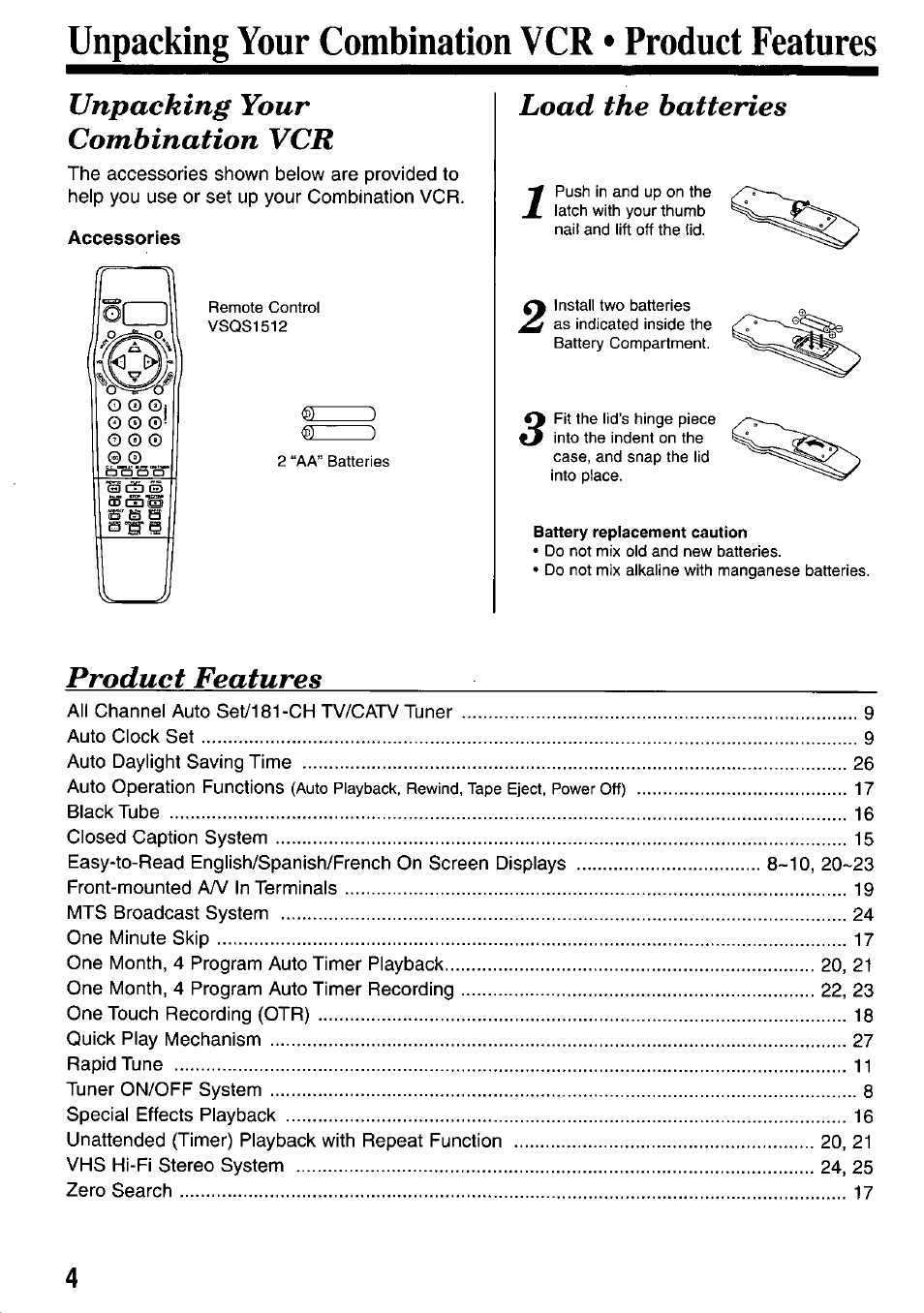 Unpacking your combination vcr • product features, Unpacking your combination vcr, Load the batteries | Product features | Panasonic AG-527D User Manual | Page 4 / 28