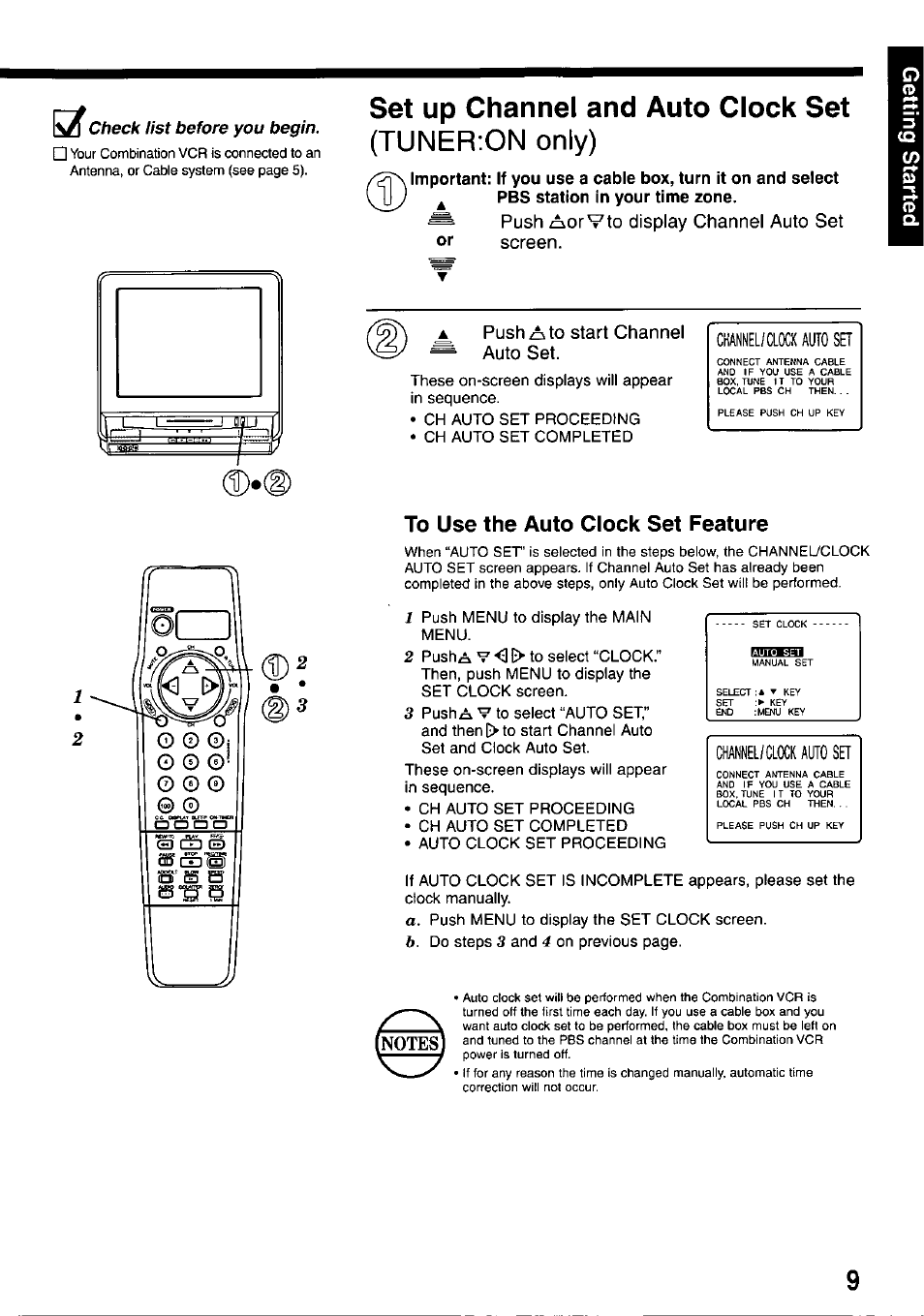 Set up channel and auto clock set, To use the auto clock set feature, Set up channel and auto clock set (tunerion only) | Panasonic AG-527D User Manual | Page 9 / 28