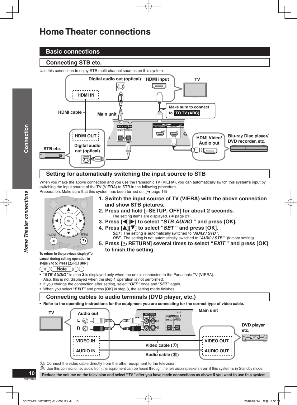 Home theater connections, Basic connections, Connecting stb etc | Panasonic SC-ZT2 User Manual | Page 10 / 32