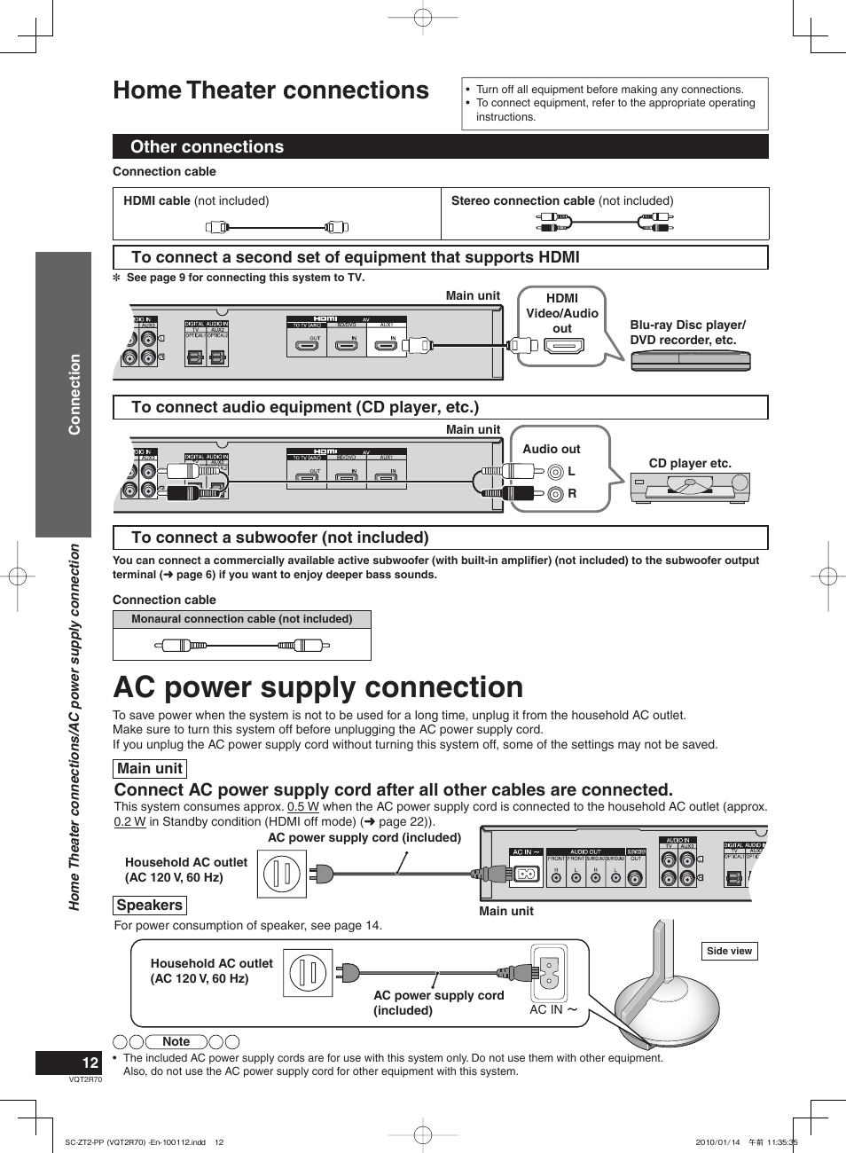 Ac power supply connection, Home theater connections, Other connections | Panasonic SC-ZT2 User Manual | Page 12 / 32