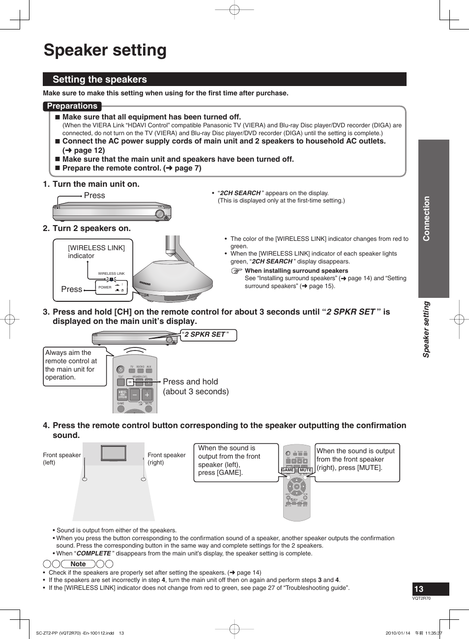 Speaker setting, Setting the speakers | Panasonic SC-ZT2 User Manual | Page 13 / 32