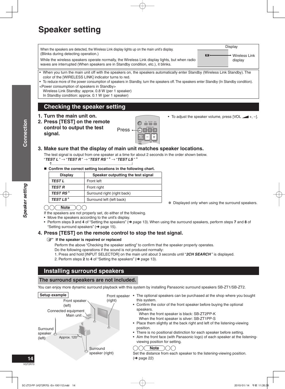 Speaker setting, Checking the speaker setting, Installing surround speakers | Connection press, The surround speakers are not included | Panasonic SC-ZT2 User Manual | Page 14 / 32