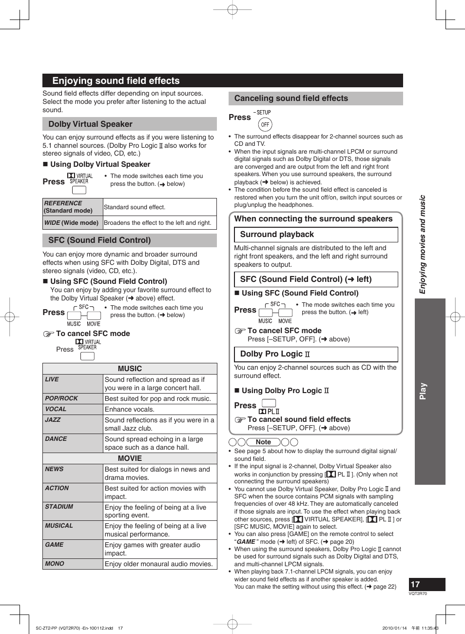 Enjoying sound fi eld effects | Panasonic SC-ZT2 User Manual | Page 17 / 32