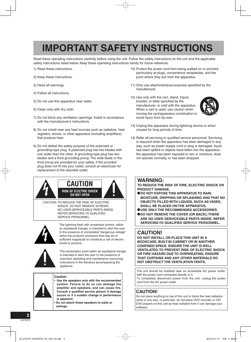 Important safety instructions, Caution, Warning | Panasonic SC-ZT2 User Manual | Page 2 / 32