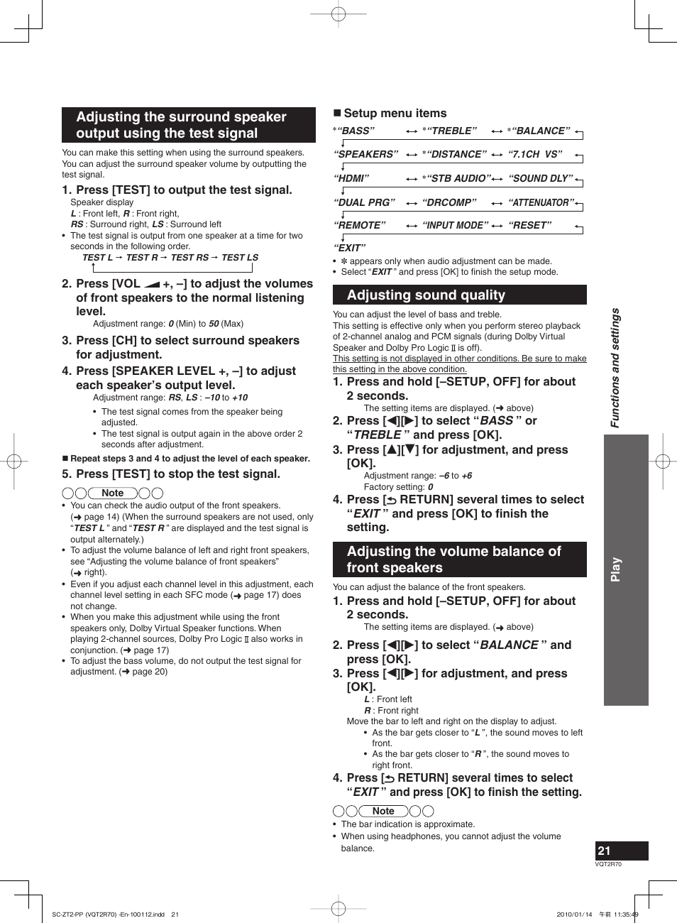 Adjusting sound quality, Adjusting the volume balance of front speakers | Panasonic SC-ZT2 User Manual | Page 21 / 32