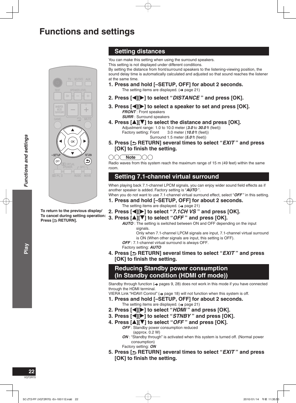 Functions and settings, Setting distances, Setting 7.1-channel virtual surround | Panasonic SC-ZT2 User Manual | Page 22 / 32
