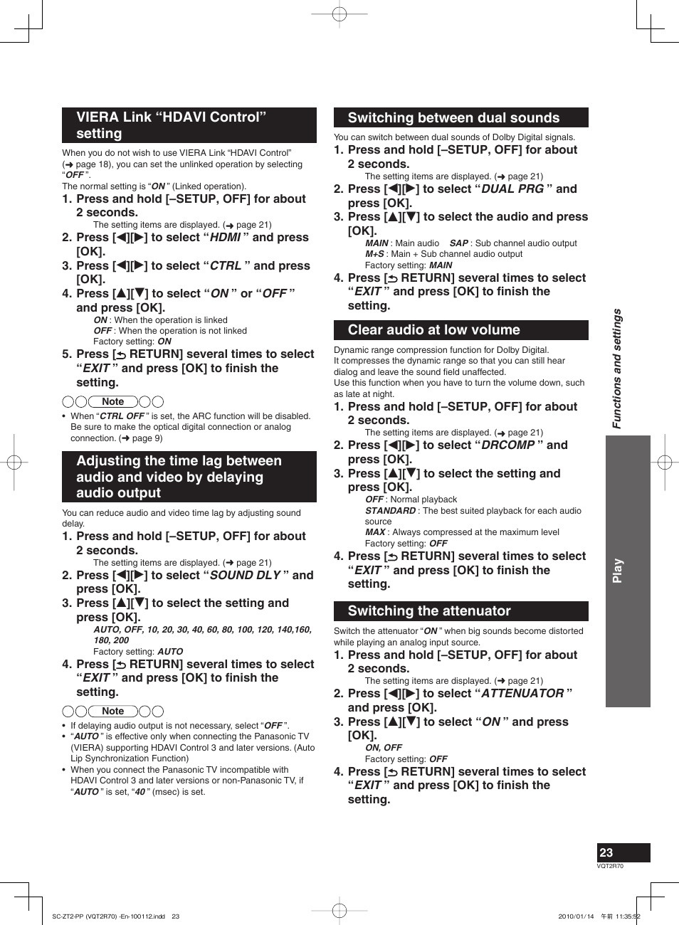 Switching between dual sounds, Clear audio at low volume, Switching the attenuator | Viera link “hdavi control” setting | Panasonic SC-ZT2 User Manual | Page 23 / 32