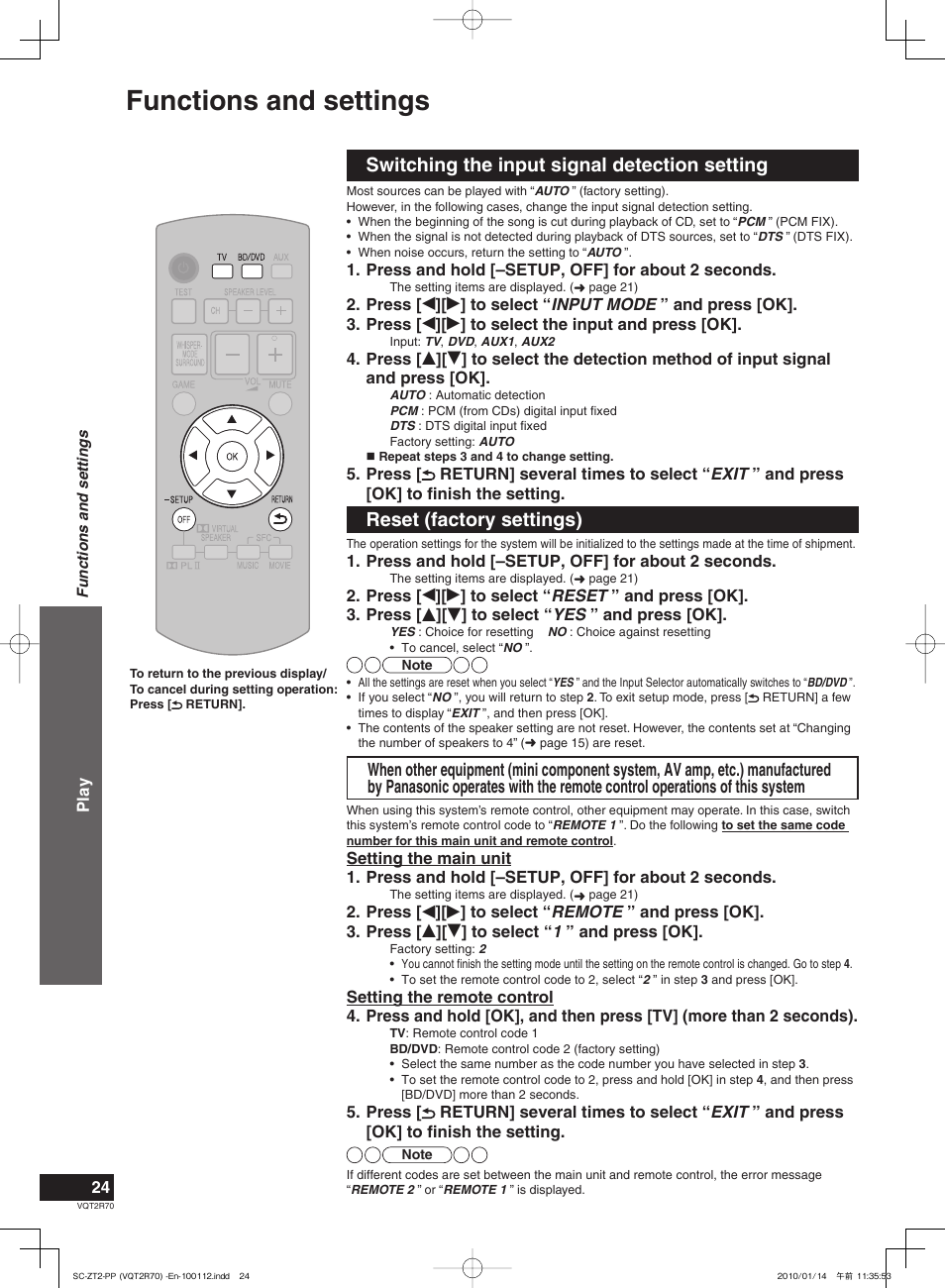 Functions and settings, Switching the input signal detection setting, Reset (factory settings) | Panasonic SC-ZT2 User Manual | Page 24 / 32