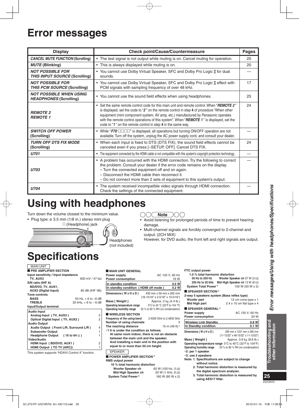 Error messages, Using with headphones, Specifications | Specifi cations using with headphones, Troubleshooting and other information, Display check point/cause/countermeasure pages | Panasonic SC-ZT2 User Manual | Page 25 / 32
