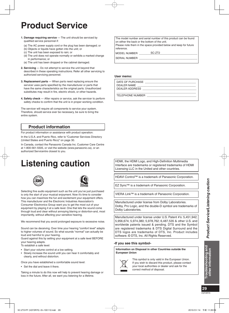 Product service, Listening caution, Product service listening caution | Product information | Panasonic SC-ZT2 User Manual | Page 29 / 32
