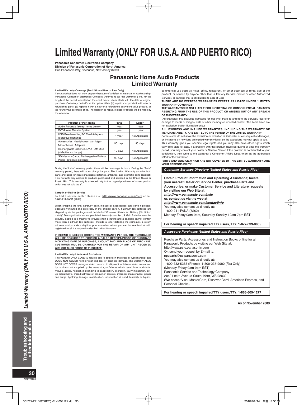 Limited warranty (only for u.s.a.and puerto rico), Limited warranty (only for u.s.a. and puerto rico), Panasonic home audio products limited warranty | Troubleshooting and other information | Panasonic SC-ZT2 User Manual | Page 30 / 32