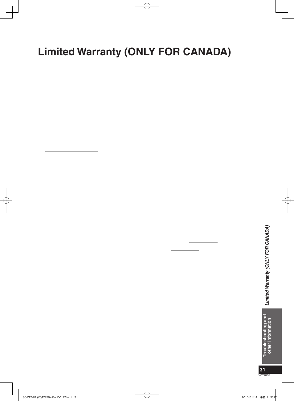 Limited warranty (only for canada) | Panasonic SC-ZT2 User Manual | Page 31 / 32