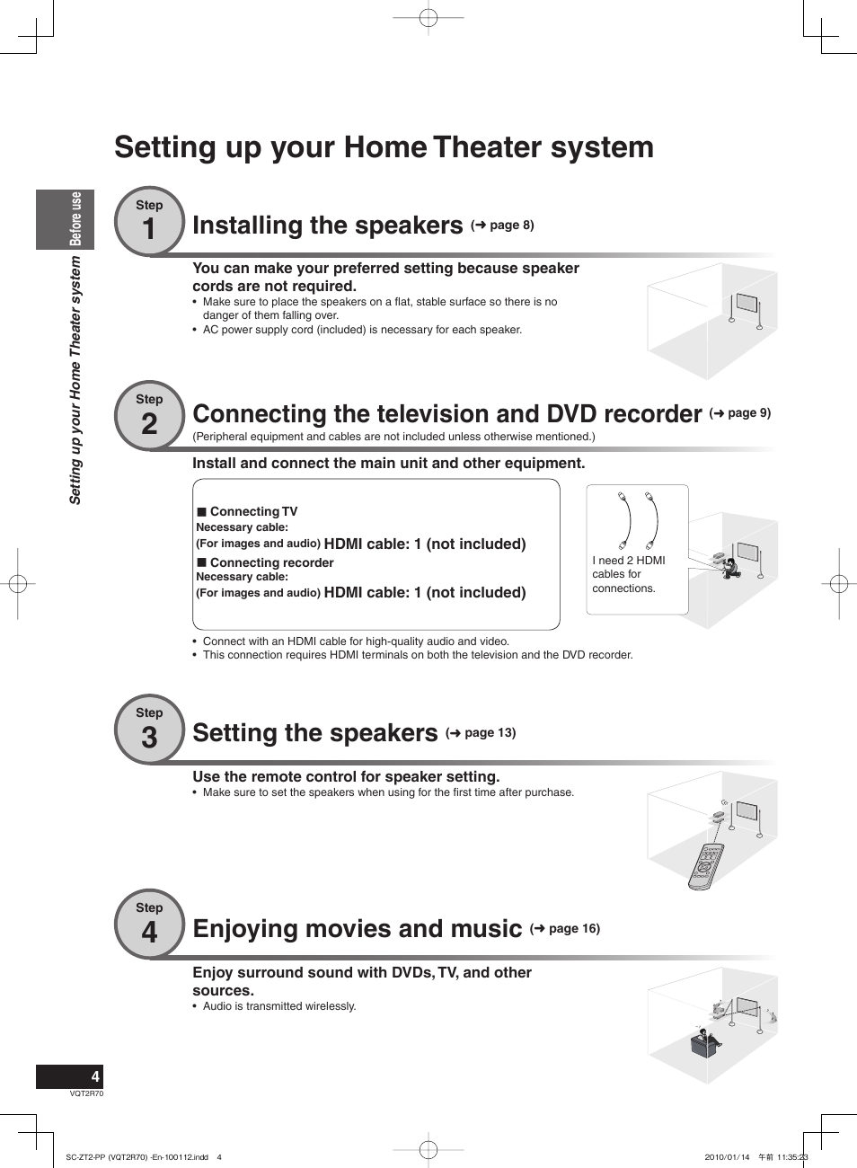 Setting up your hometheater system, Setting up your home theater system, Installing the speakers | Connecting the television and dvd recorder, Enjoying movies and music, Setting the speakers | Panasonic SC-ZT2 User Manual | Page 4 / 32
