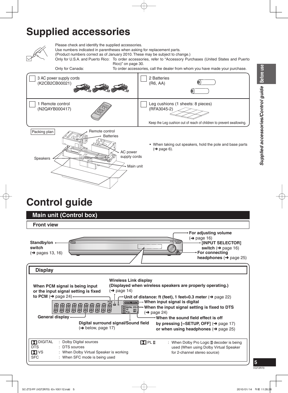 Supplied accessories, Control guide, Main unit (control box) | Panasonic SC-ZT2 User Manual | Page 5 / 32