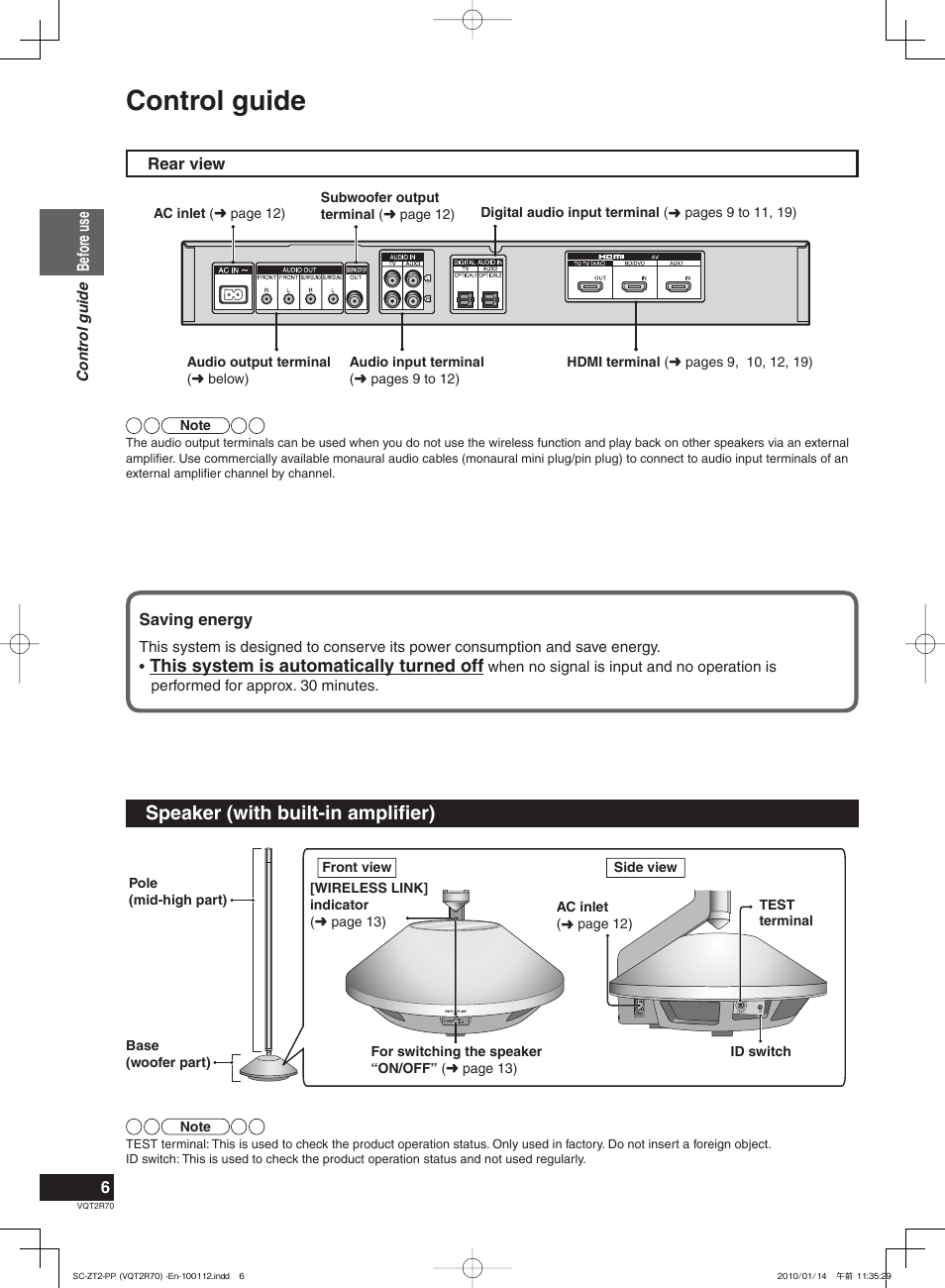 Control guide, Speaker (with built-in amplifi er), This system is automatically turned off | Panasonic SC-ZT2 User Manual | Page 6 / 32