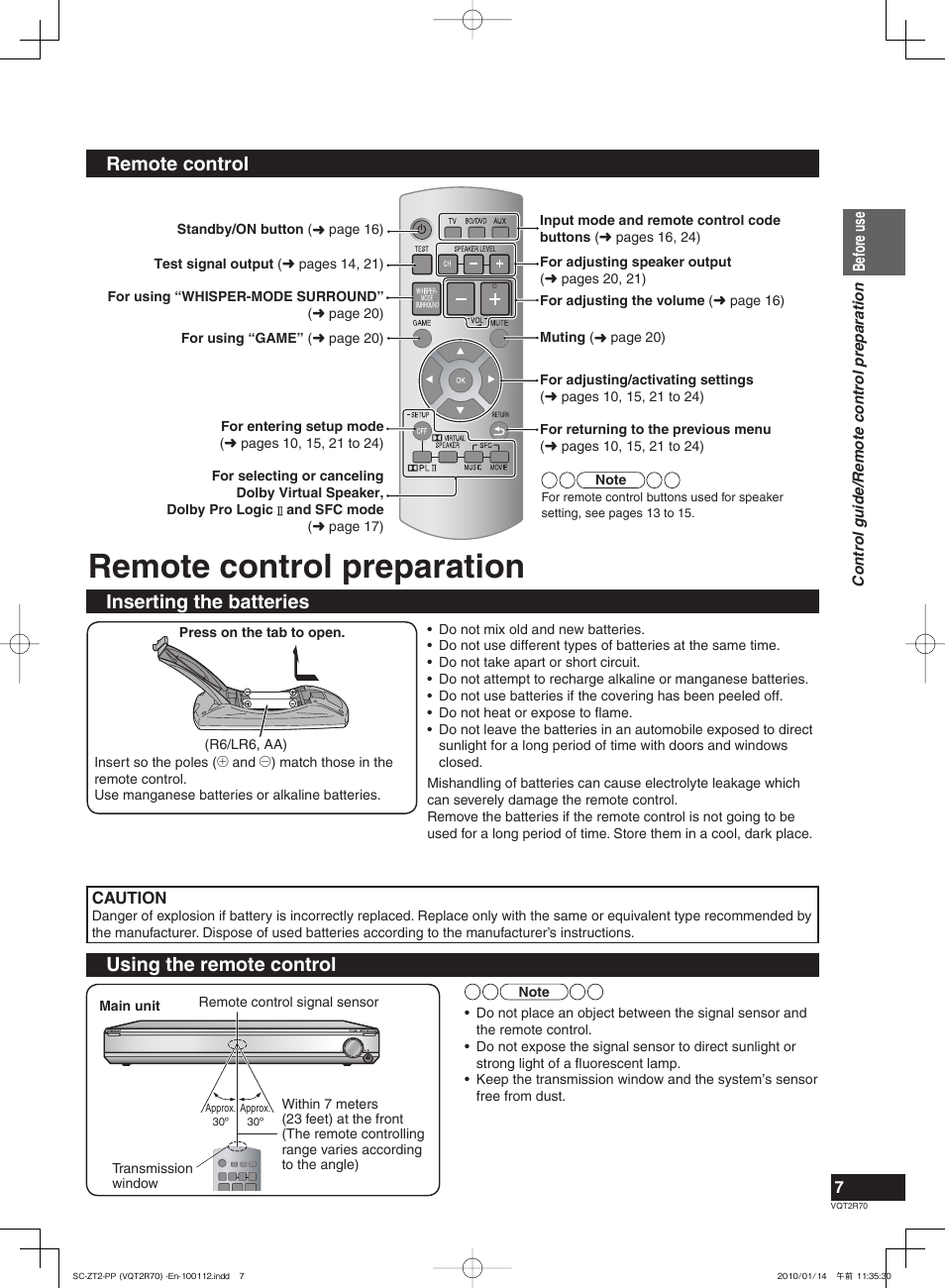 Remote control preparation, Remote control, Inserting the batteries | Using the remote control | Panasonic SC-ZT2 User Manual | Page 7 / 32