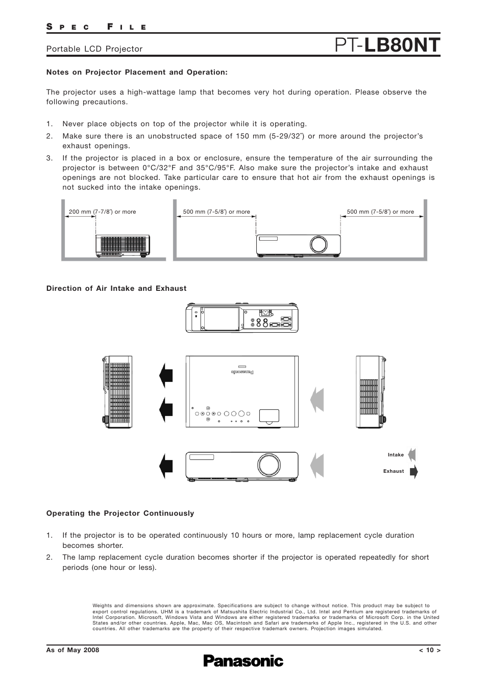 Notes on placement, Air direction, Operating the projector continuously | Pt- lb80nt | Panasonic PT-LB80NTEA User Manual | Page 10 / 10