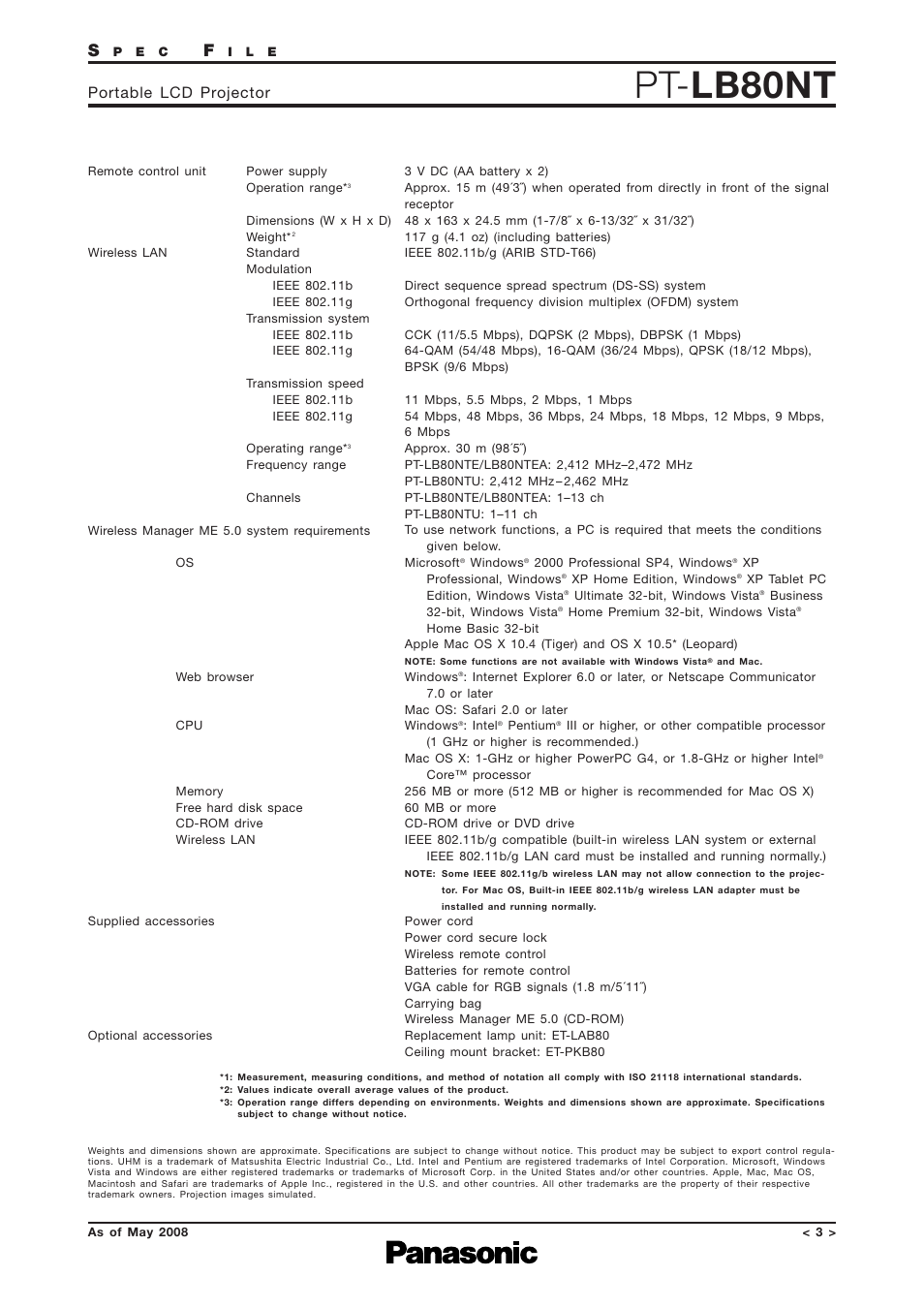 Specifications - 2, Pt- lb80nt, Portable lcd projector | Panasonic PT-LB80NTEA User Manual | Page 3 / 10