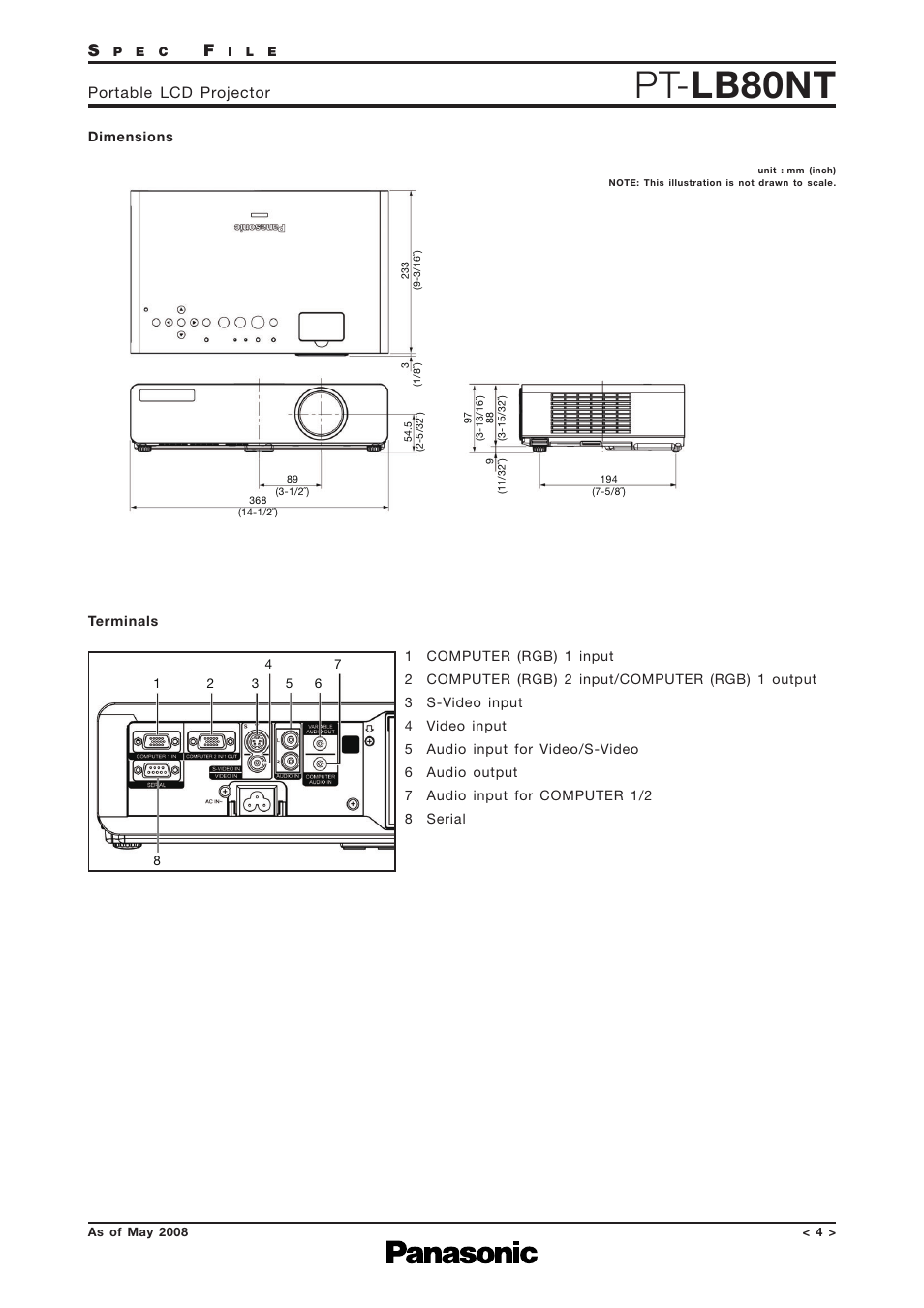 Dimensions, Terminals, Pt- lb80nt | Panasonic PT-LB80NTEA User Manual | Page 4 / 10