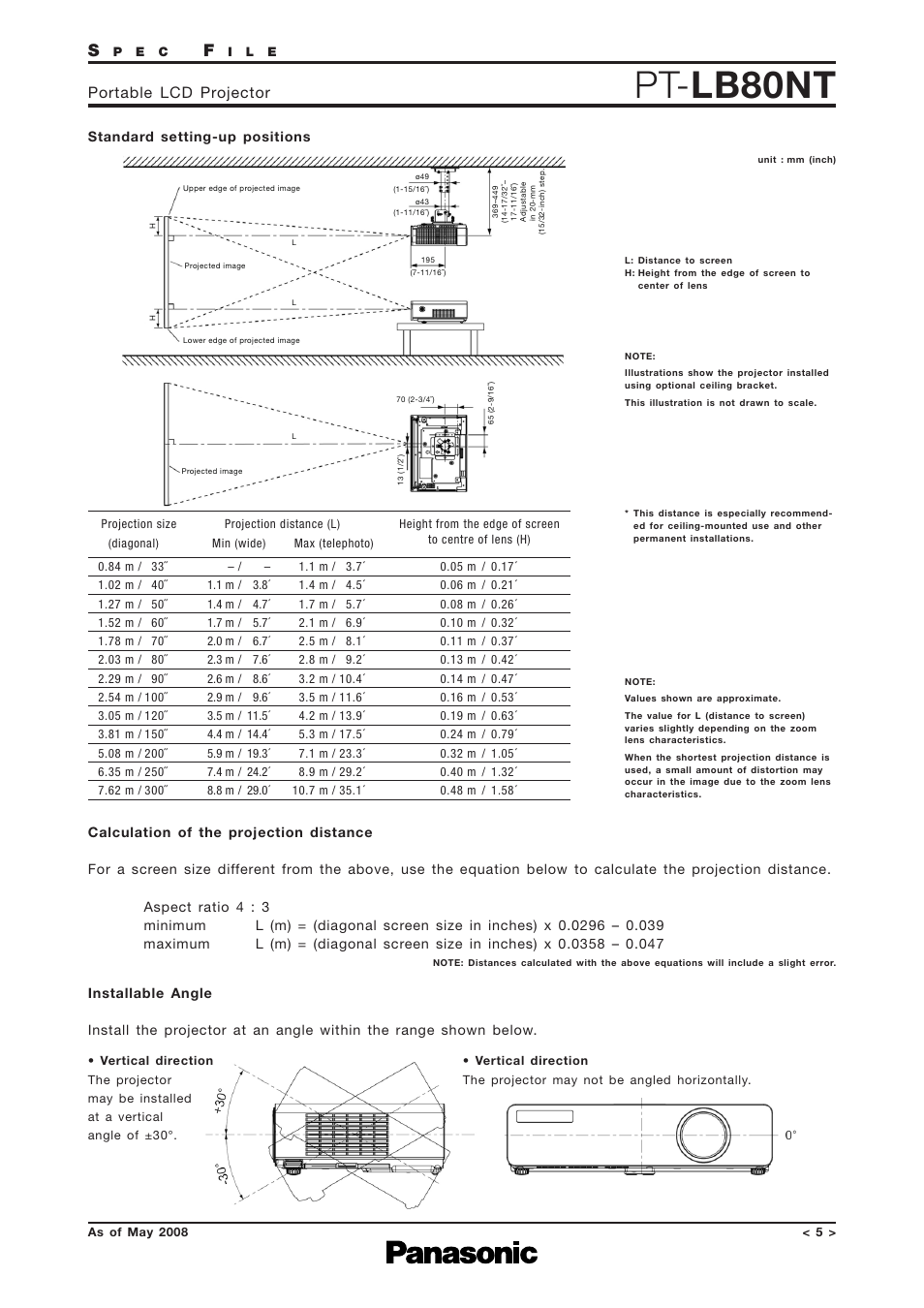 Standard setting-up positions, Calculation formula, Installation angle | Pt- lb80nt, Portable lcd projector | Panasonic PT-LB80NTEA User Manual | Page 5 / 10
