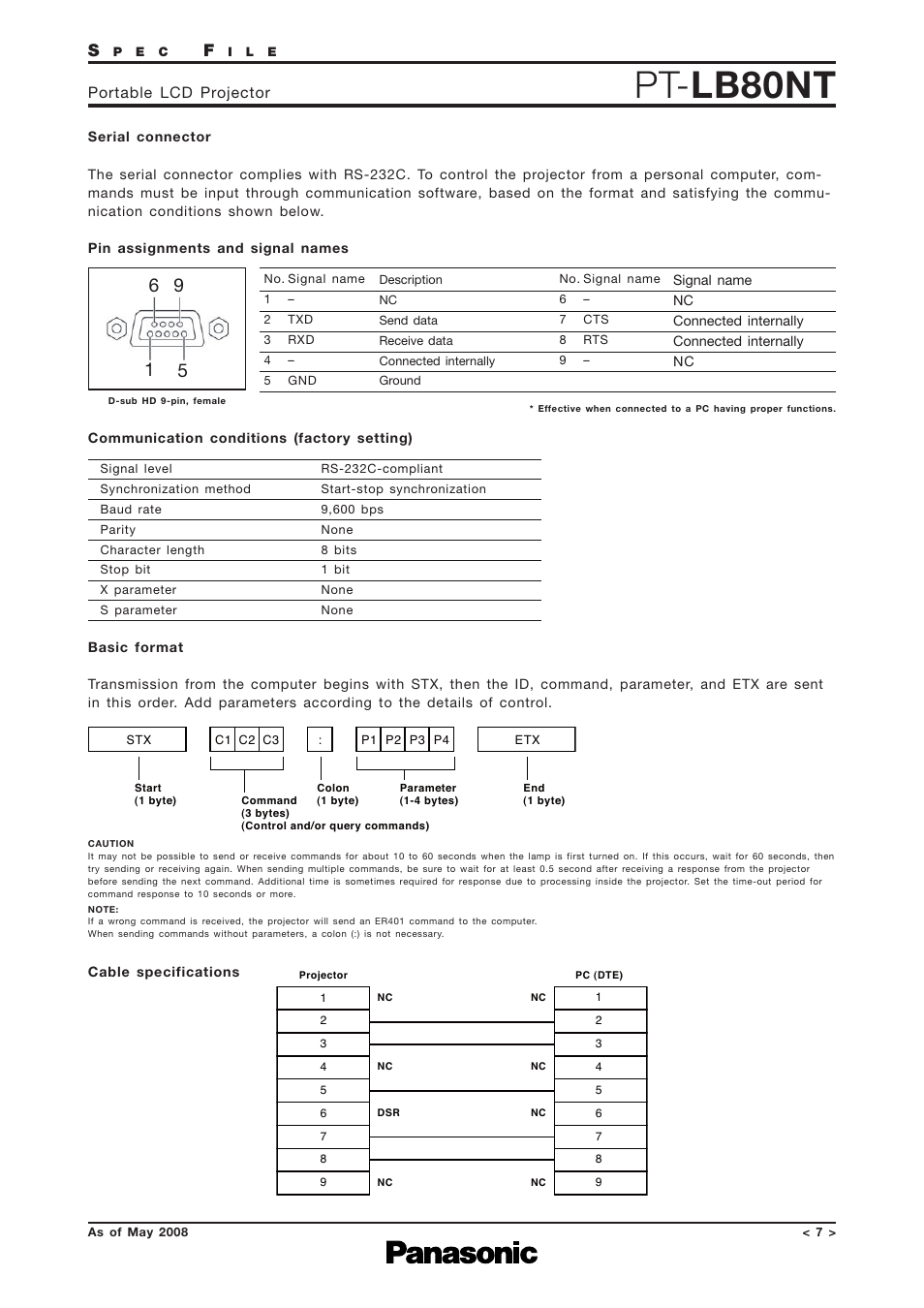 Serial connector, Pin assignment, Communication conditions | Basic format, Cable specifications, Pt- lb80nt, Portable lcd projector | Panasonic PT-LB80NTEA User Manual | Page 7 / 10