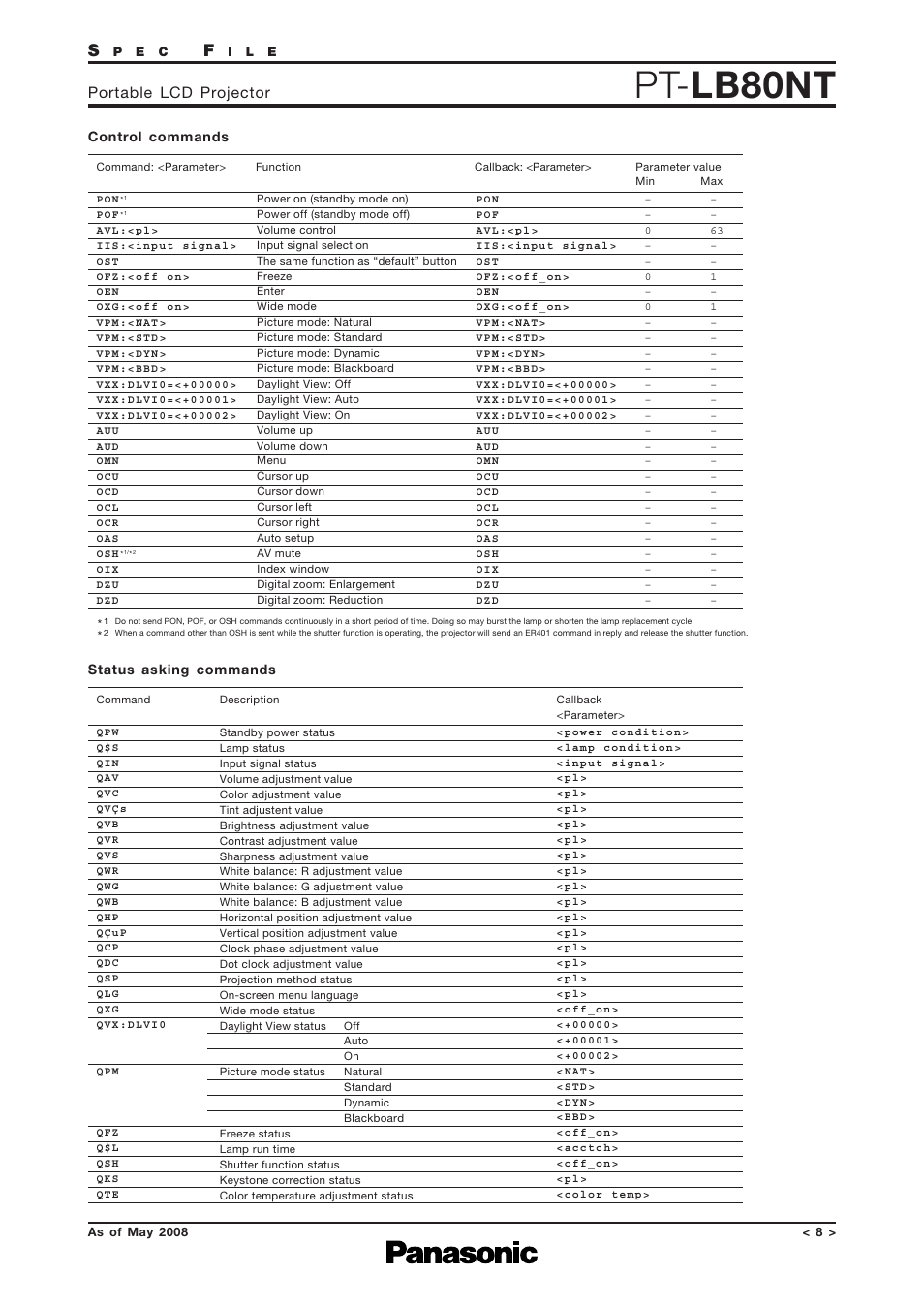 Control commands, Status asking commands, Pt- lb80nt | Portable lcd projector | Panasonic PT-LB80NTEA User Manual | Page 8 / 10