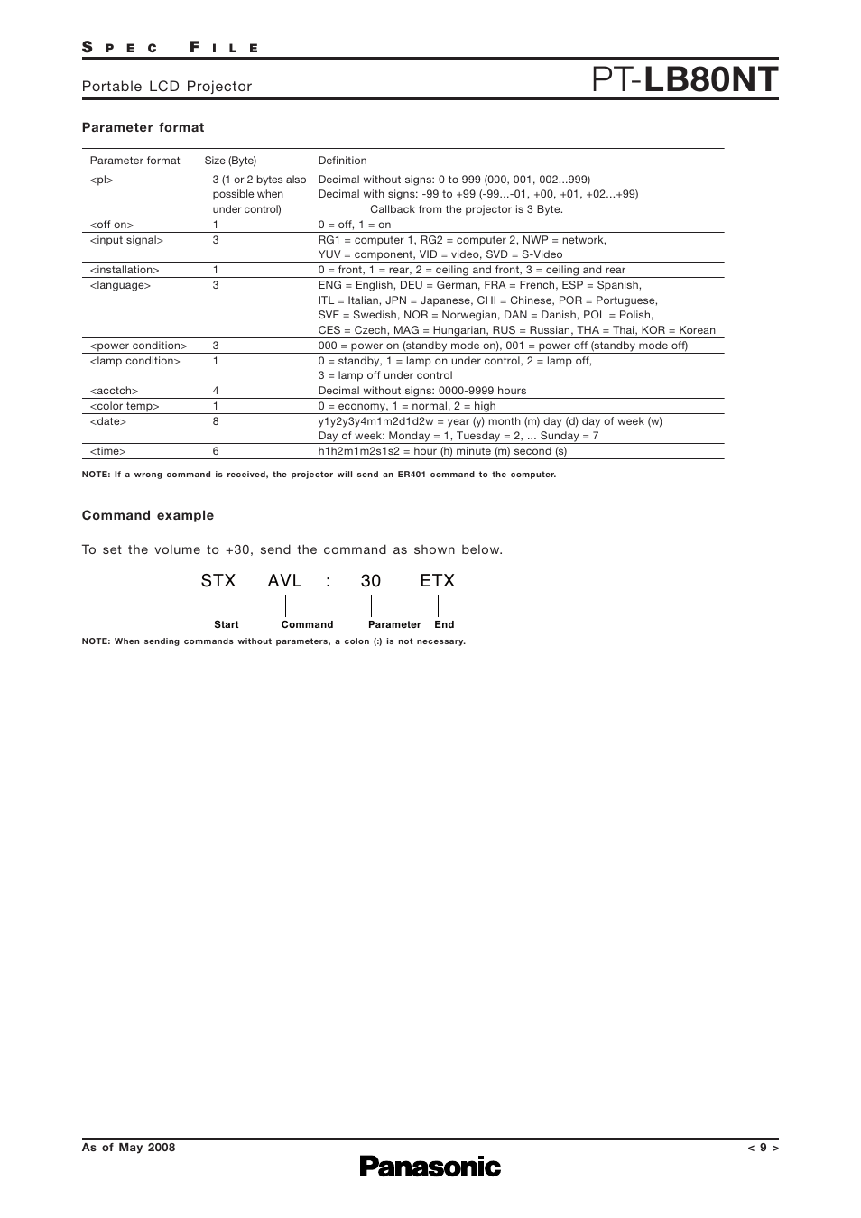 Parameter format, Command example, Pt- lb80nt | Stx avl : 30 etx | Panasonic PT-LB80NTEA User Manual | Page 9 / 10