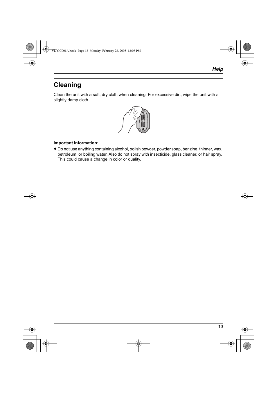 Help, Cleaning | Panasonic VL-GC001A User Manual | Page 13 / 16