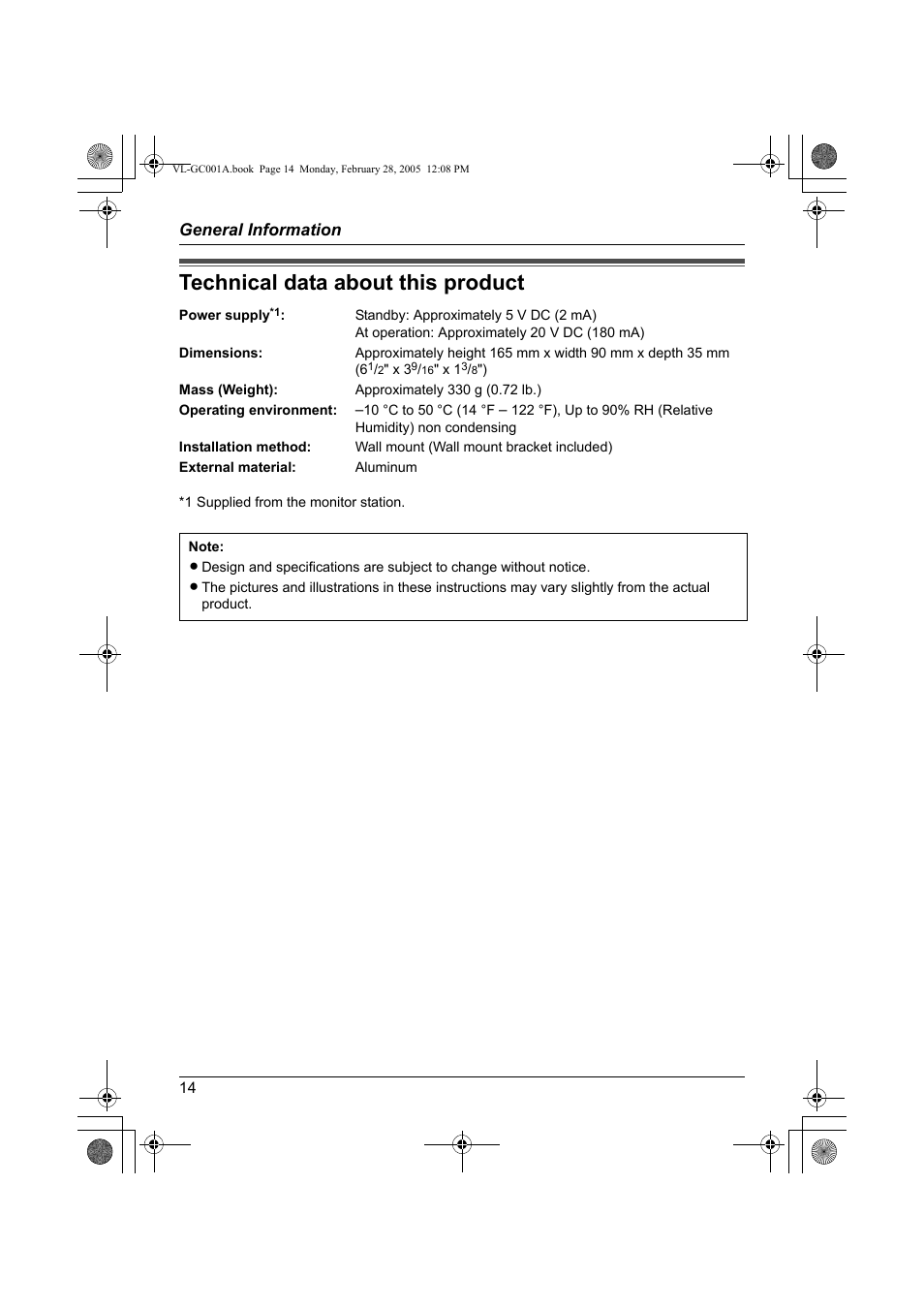General information, Technical data about this product | Panasonic VL-GC001A User Manual | Page 14 / 16