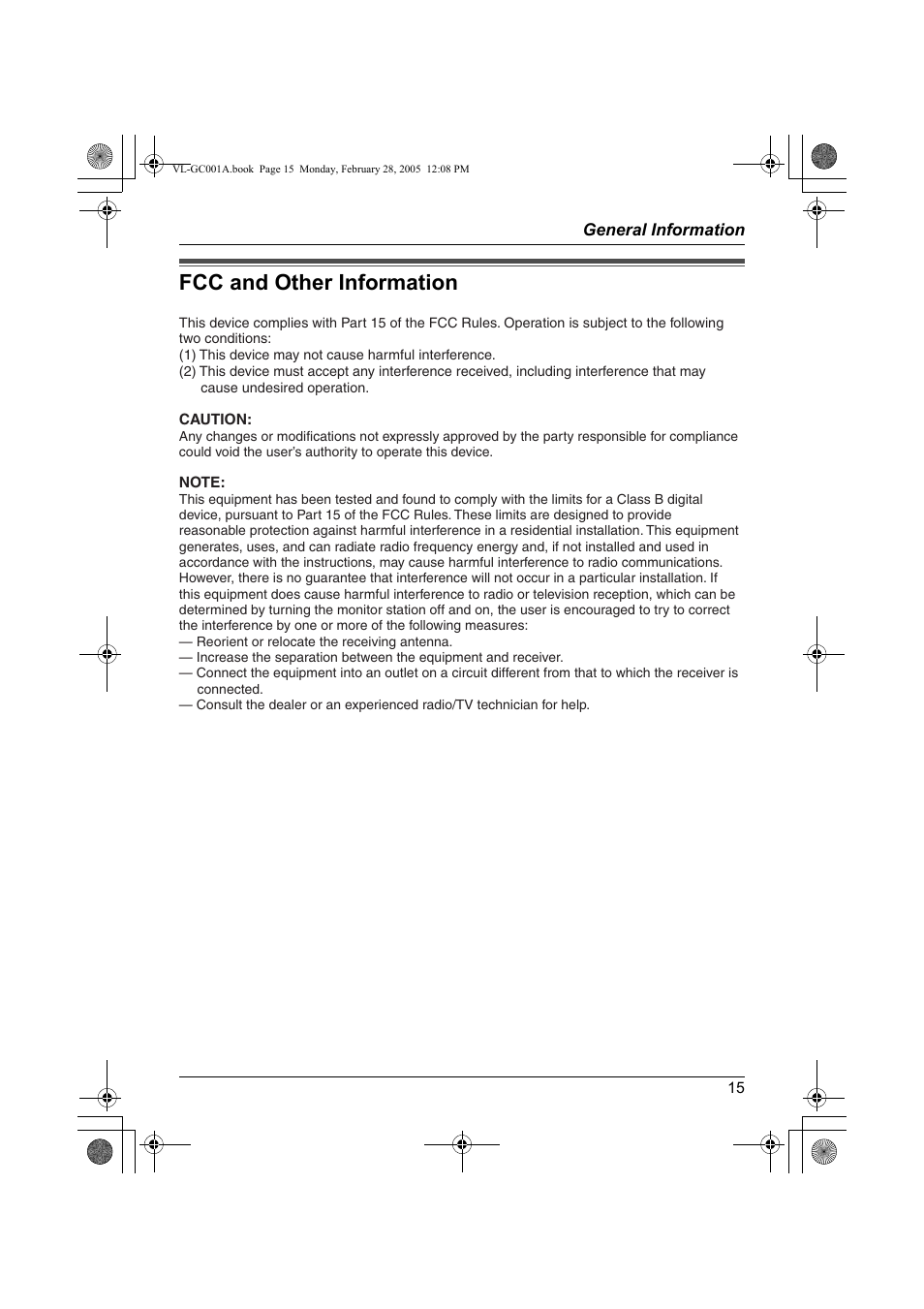 Fcc and other information | Panasonic VL-GC001A User Manual | Page 15 / 16