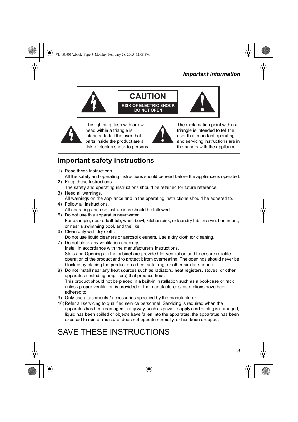 Important information, Important safety instructions, Save these instructions | Caution | Panasonic VL-GC001A User Manual | Page 3 / 16