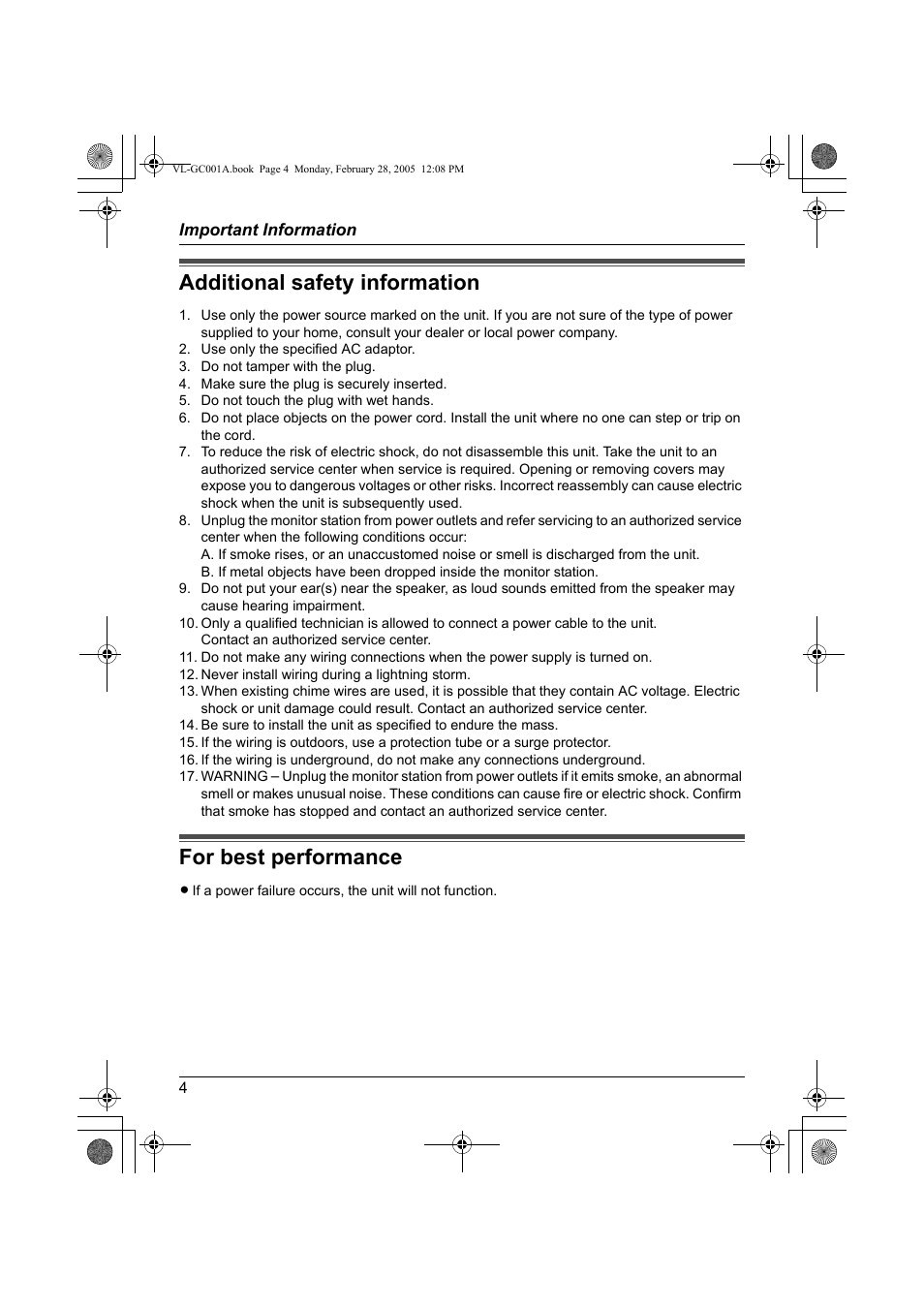 Additional safety information, For best performance | Panasonic VL-GC001A User Manual | Page 4 / 16