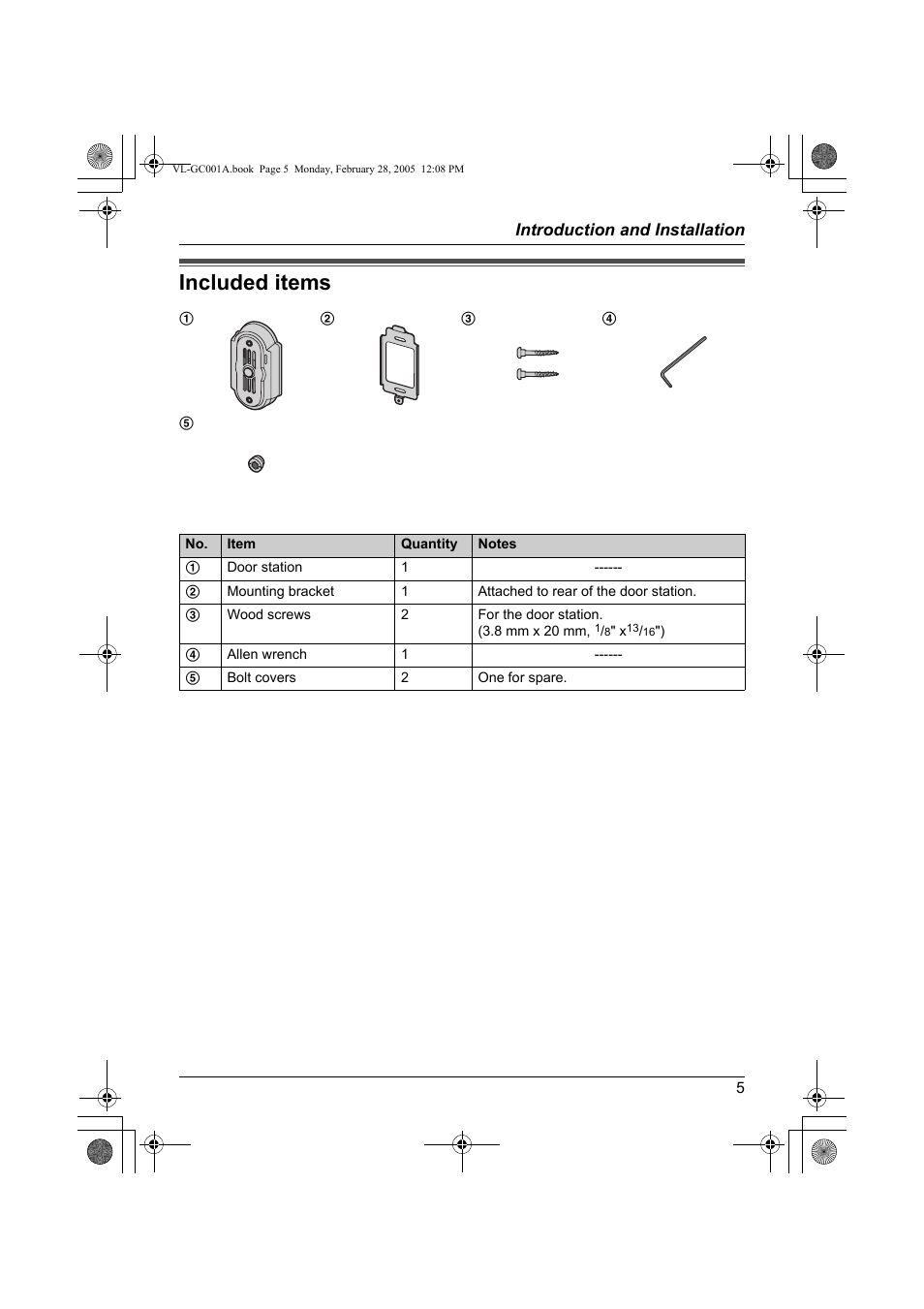 Introduction and installation, Included items | Panasonic VL-GC001A User Manual | Page 5 / 16