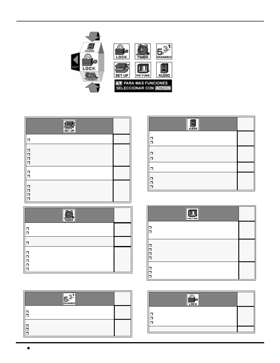 Menu de la guia giratoria, Menú de la guía giratoria, Menus de la guía de iconos giratoria | Panasonic CinemaVision PT 53WX42 User Manual | Page 90 / 112