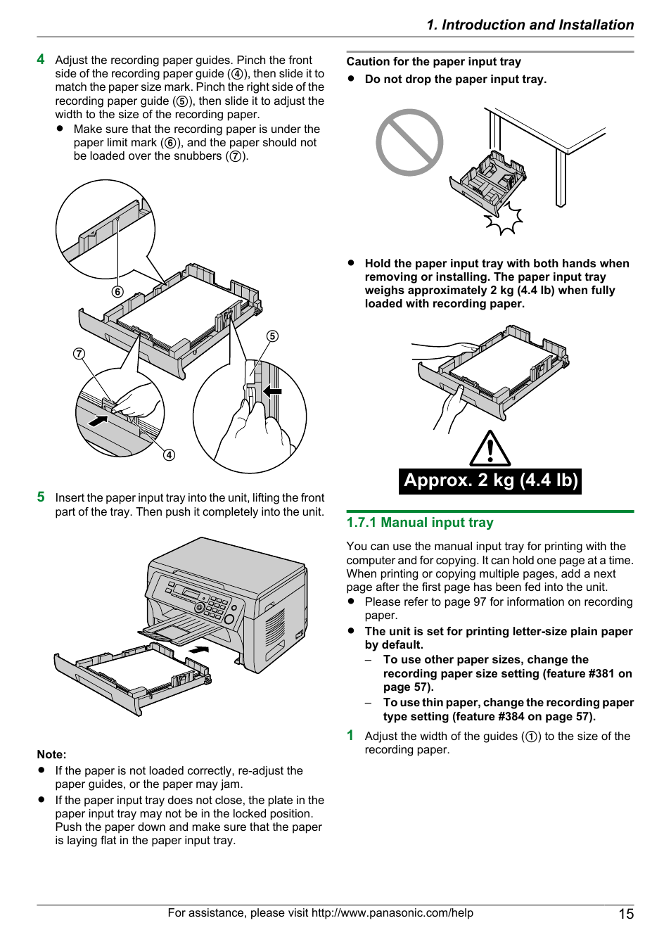 1 manual input tray, Approx. 2 kg (4.4 lb) | Panasonic CM0310DY0-CD User Manual | Page 15 / 116