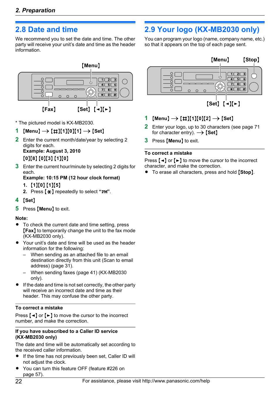 Initial programming, 8 date and time, 9 your logo (kx-mb2030 only) | Date and time, Your logo (kx-mb2030 only) | Panasonic CM0310DY0-CD User Manual | Page 22 / 116