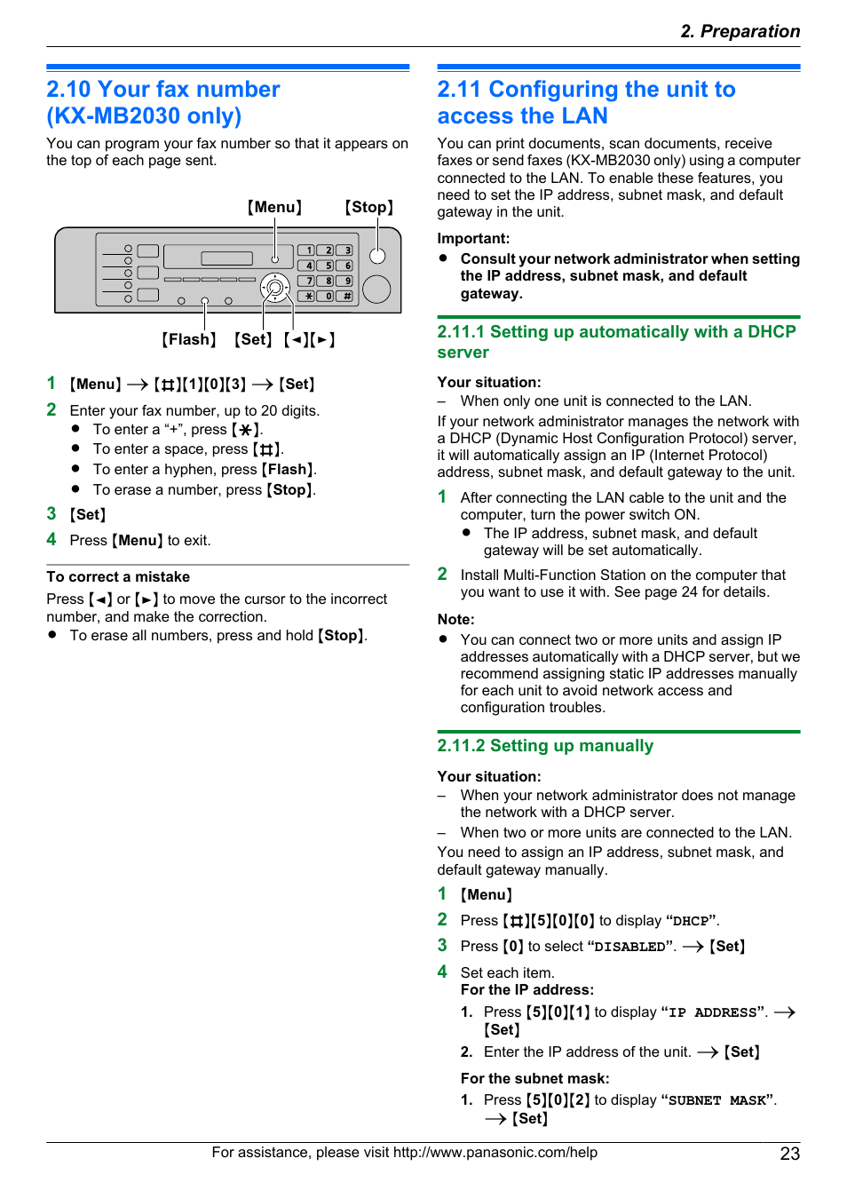 10 your fax number (kx-mb2030 only), 11 configuring the unit to access the lan, 1 setting up automatically with a dhcp server | 2 setting up manually, Your fax number (kx-mb2030 only), Configuring the unit to access the | Panasonic CM0310DY0-CD User Manual | Page 23 / 116