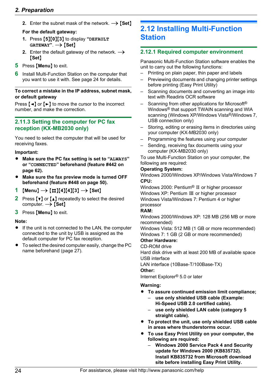 12 installing multi-function station, 1 required computer environment, Installing multi-function station | Preparation | Panasonic CM0310DY0-CD User Manual | Page 24 / 116