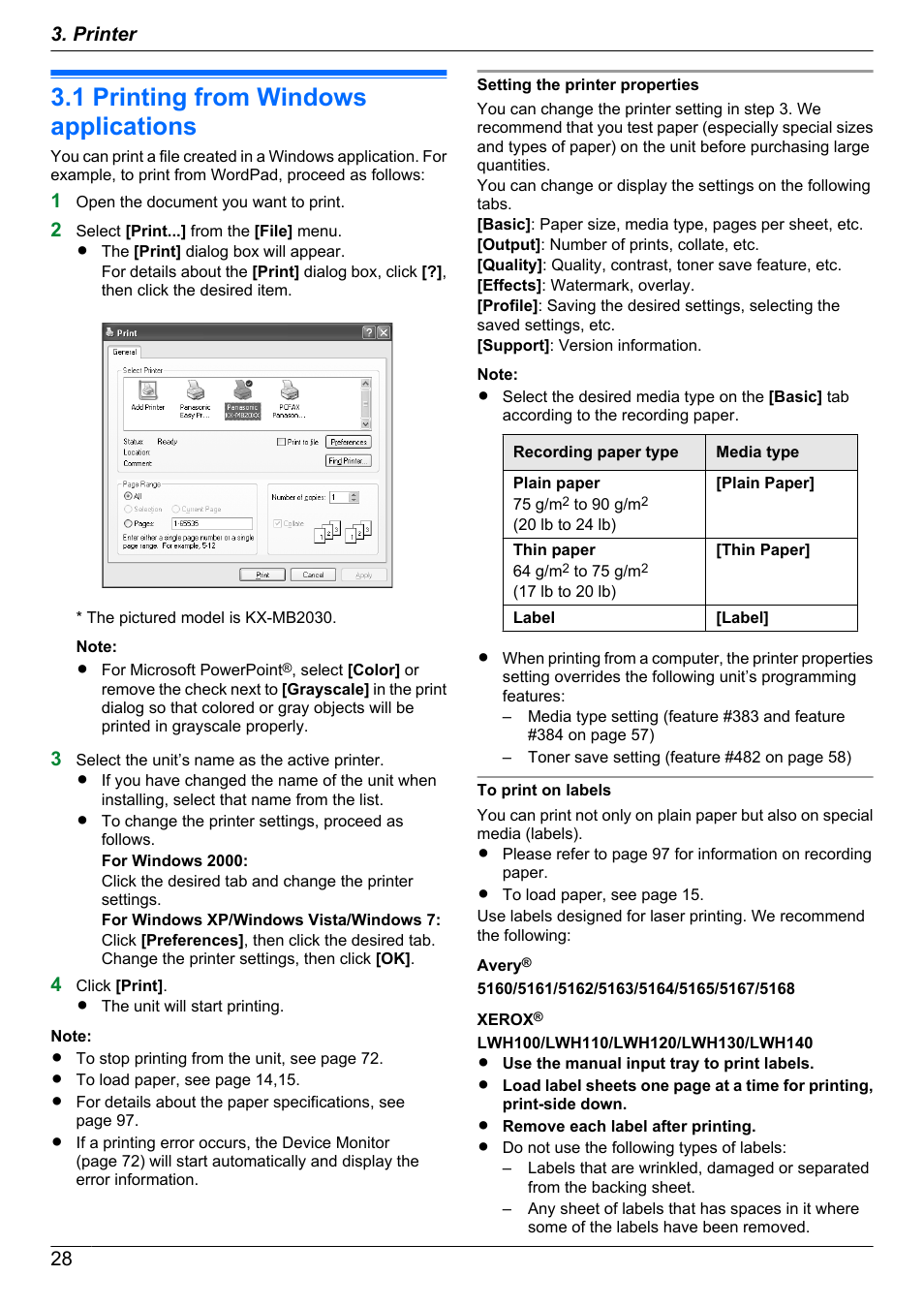 Printer, 1 printing from windows applications, Printing from windows applications | Panasonic CM0310DY0-CD User Manual | Page 28 / 116