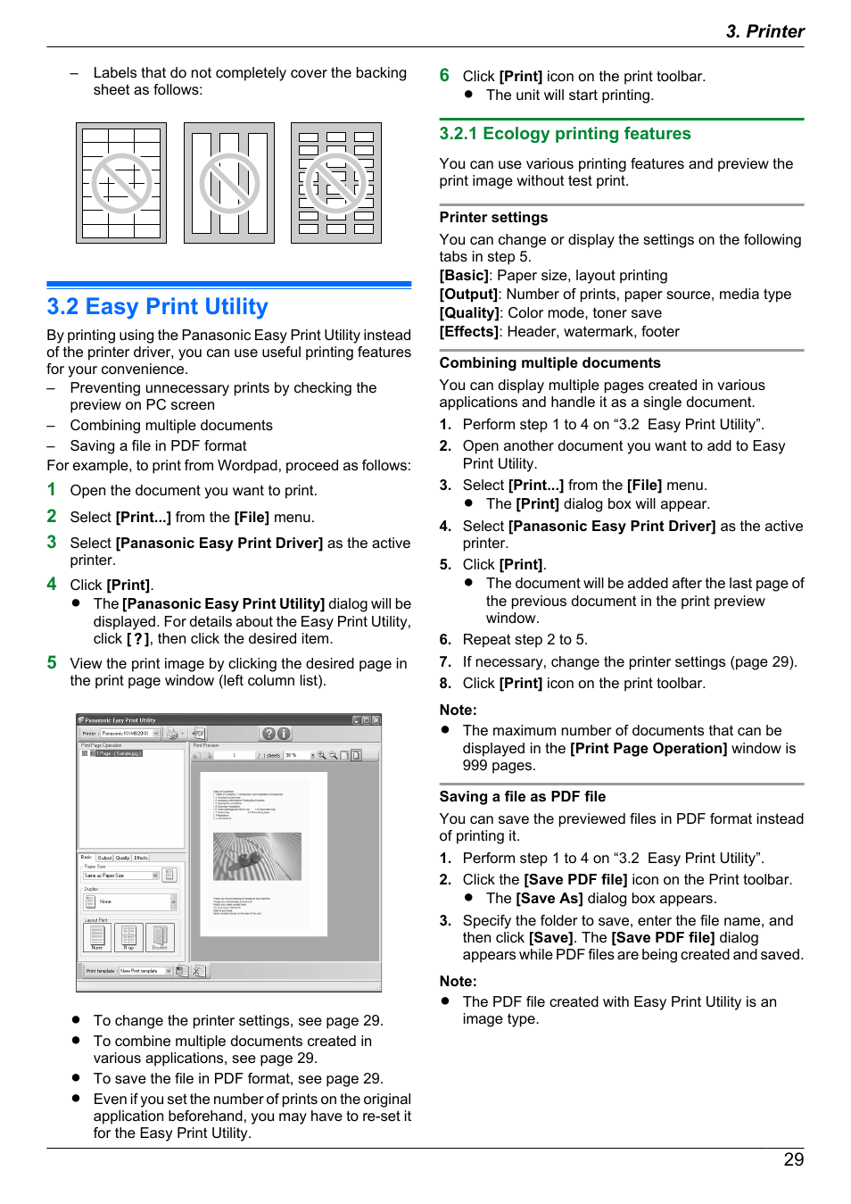 2 easy print utility, 1 ecology printing features, Easy print utility | Panasonic CM0310DY0-CD User Manual | Page 29 / 116