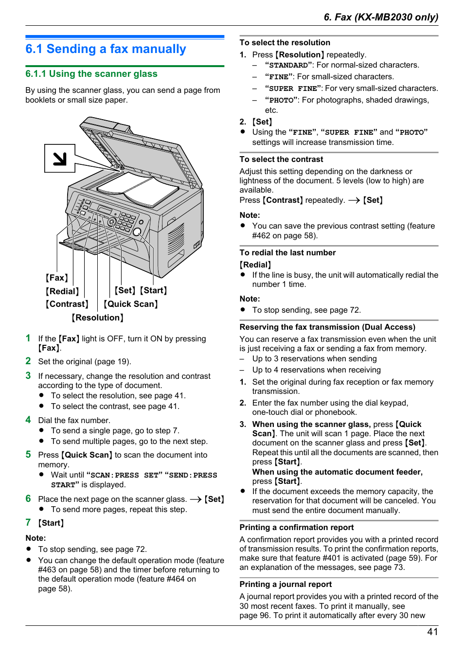 Fax (kx-mb2030 only), Sending faxes, 1 sending a fax manually | 1 using the scanner glass, Sending a fax manually | Panasonic CM0310DY0-CD User Manual | Page 41 / 116