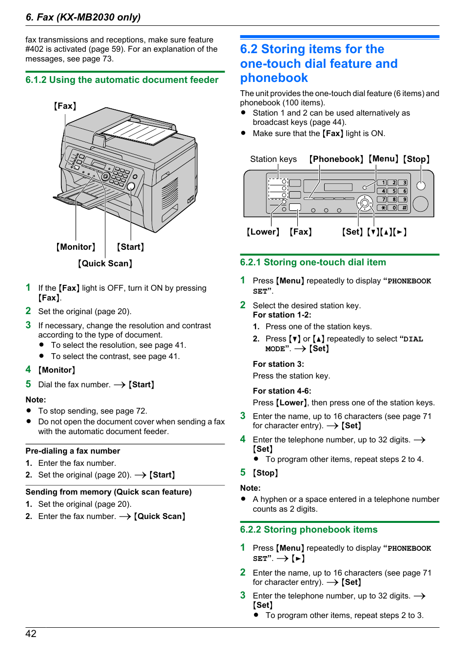 2 using the automatic document feeder, 1 storing one-touch dial item, 2 storing phonebook items | Panasonic CM0310DY0-CD User Manual | Page 42 / 116