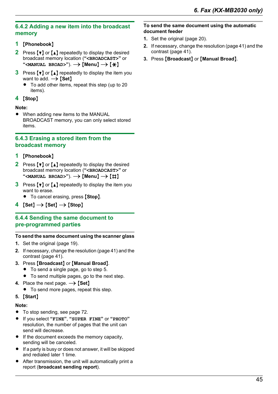 2 adding a new item into the broadcast memory, 3 erasing a stored item from the broadcast memory | Panasonic CM0310DY0-CD User Manual | Page 45 / 116
