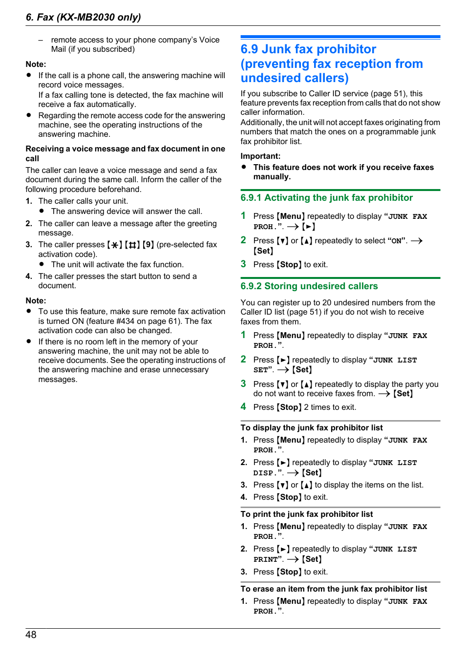 1 activating the junk fax prohibitor, 2 storing undesired callers | Panasonic CM0310DY0-CD User Manual | Page 48 / 116