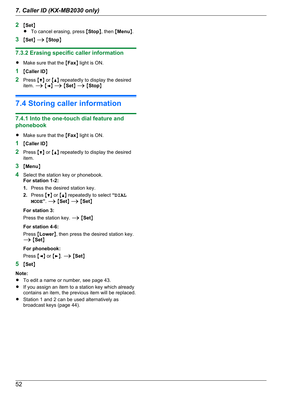 2 erasing specific caller information, 4 storing caller information, 1 into the one-touch dial feature and phonebook | Storing caller information | Panasonic CM0310DY0-CD User Manual | Page 52 / 116
