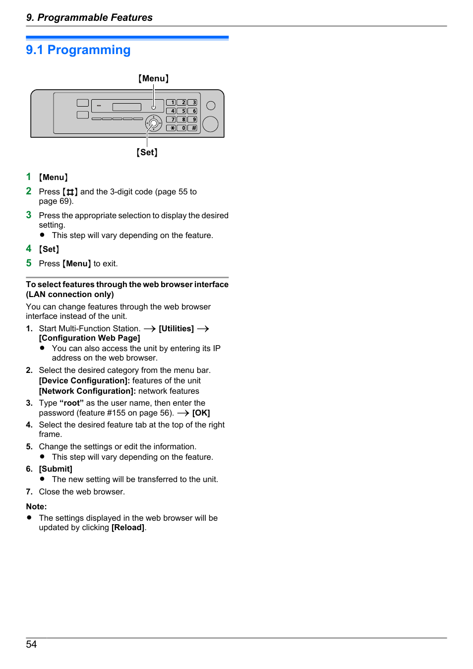 Programmable features, Features summary, 1 programming | Programming | Panasonic CM0310DY0-CD User Manual | Page 54 / 116