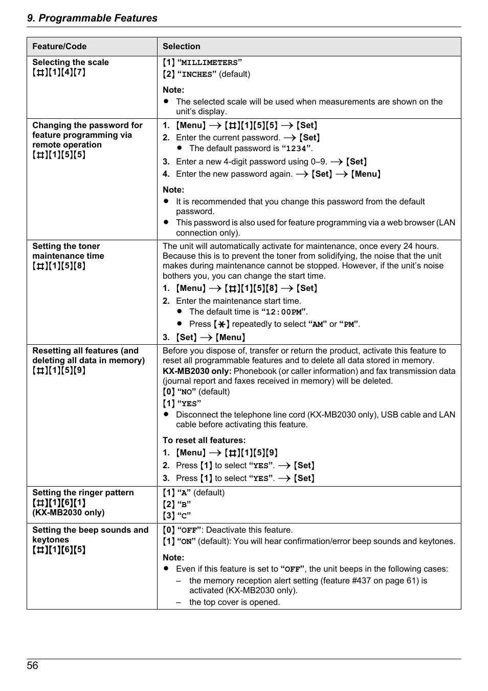 56 9. programmable features | Panasonic CM0310DY0-CD User Manual | Page 56 / 116