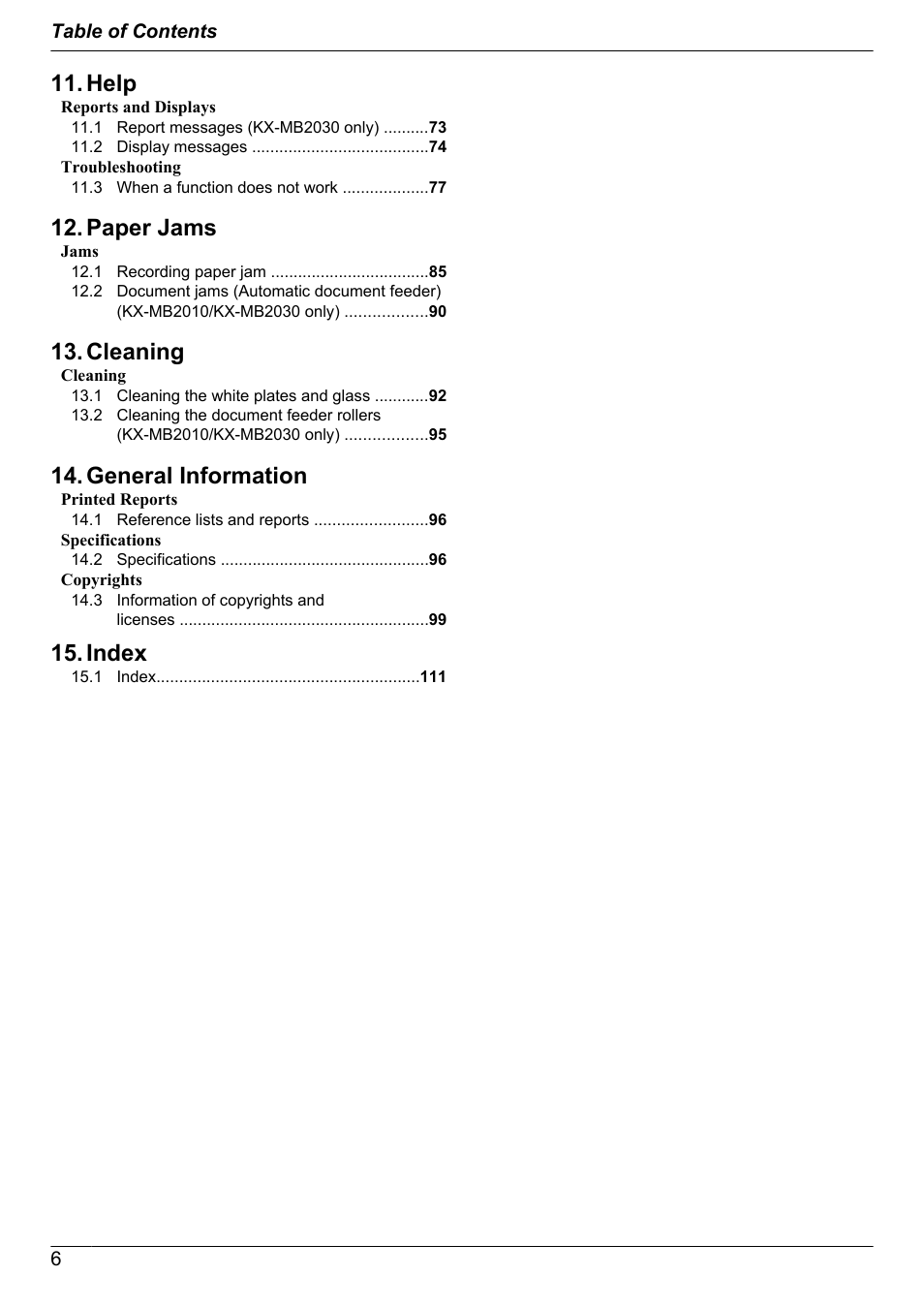 Help, Paper jams, Cleaning | General information, Index | Panasonic CM0310DY0-CD User Manual | Page 6 / 116