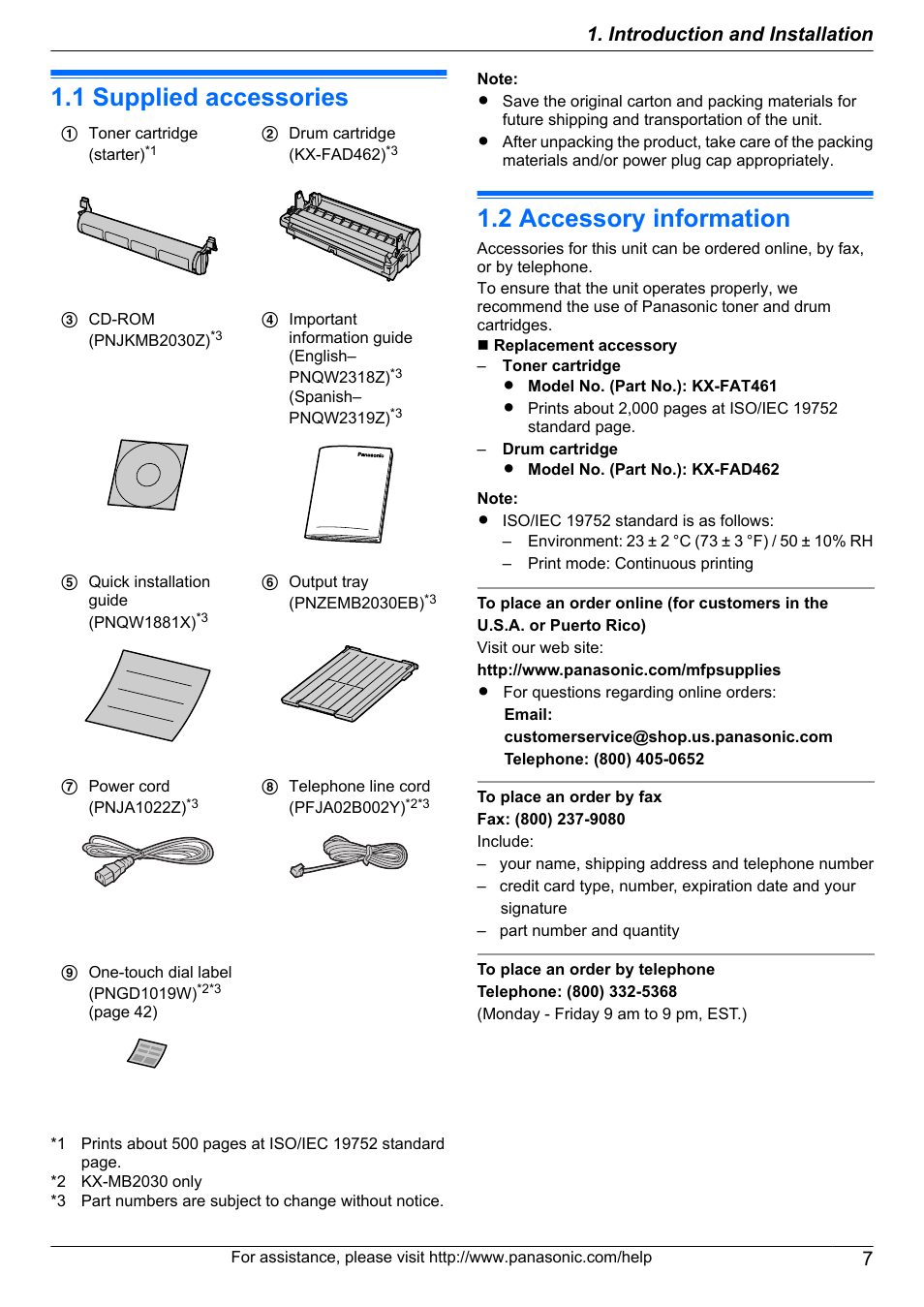 Introduction and installation, Accessories, 1 supplied accessories | 2 accessory information, Supplied accessories, Accessory information | Panasonic CM0310DY0-CD User Manual | Page 7 / 116