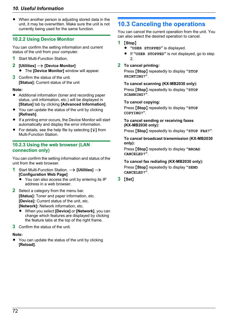 2 using device monitor, 3 using the web browser (lan connection only), 3 canceling the operations | Canceling the operations, 72) (lan connection only) | Panasonic CM0310DY0-CD User Manual | Page 72 / 116
